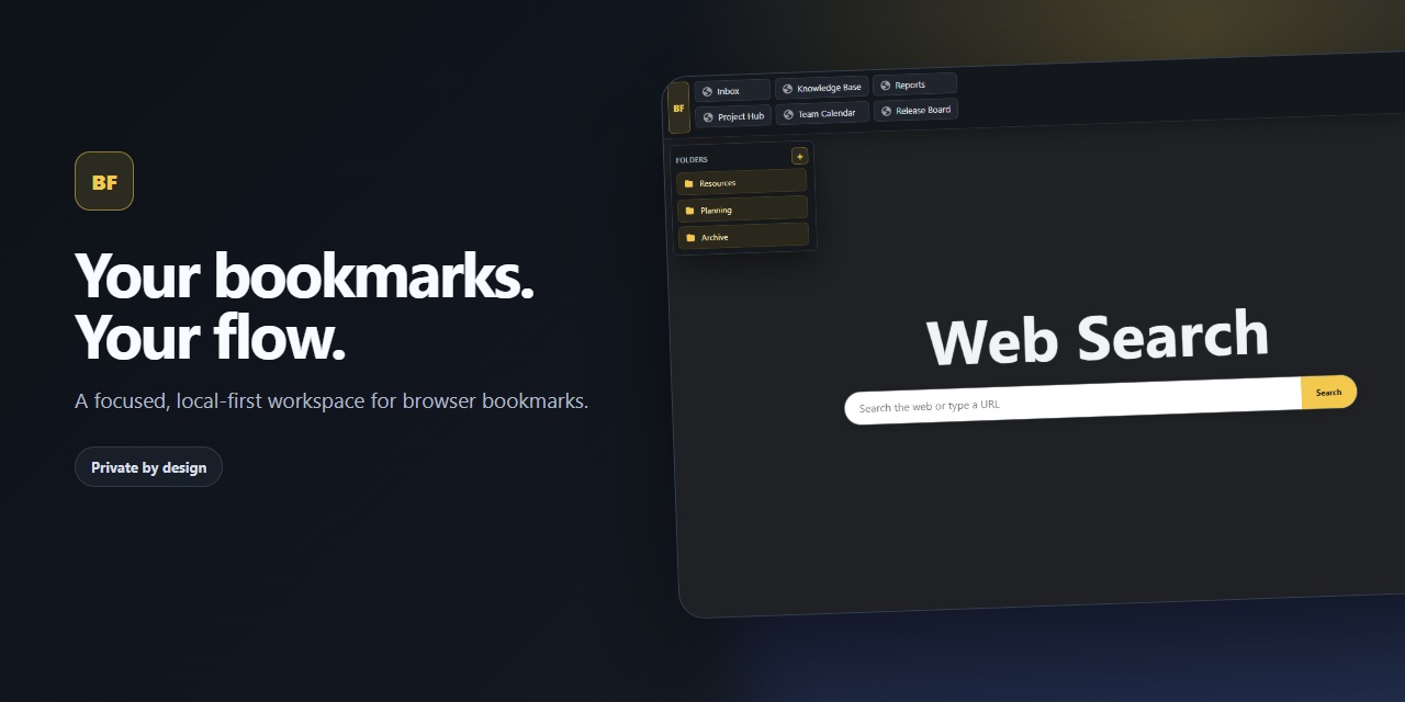 BookmarkFlow Bar interface with a bookmark bar, folder rail, and search palette